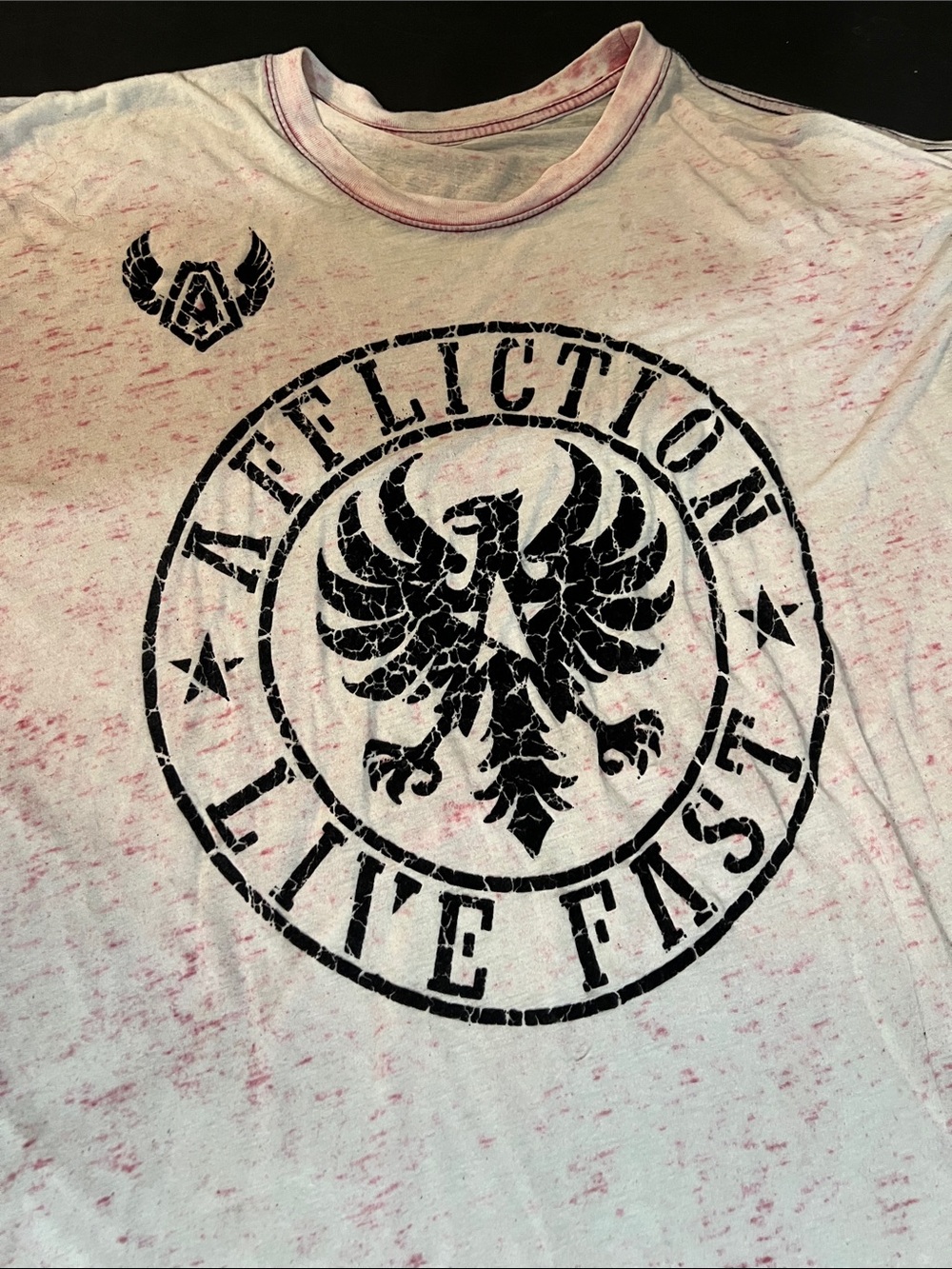 Affliction White Tee with Red Speckle and Black Crest - Picture 2 of 6